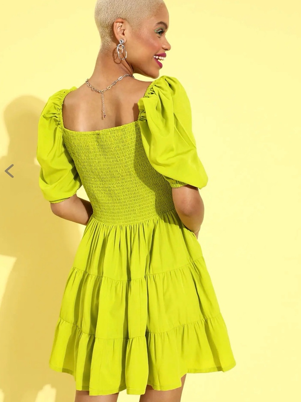 Square-Neck Tiered Puff-Sleeve Dress in Lime Green